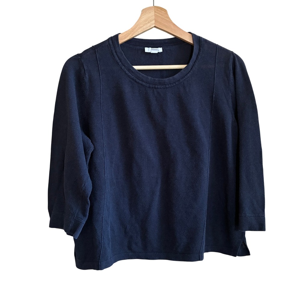 J. Jill Linen Blend Knit Top Large Petite Navy Blue Womens 3/4 Sleeve Sweater